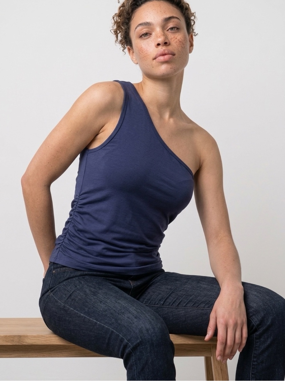 Blue One-Shoulder Side-Ruched Tank Top medium